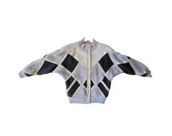 Vintage Gray Patchwork Leather Jacket - 80s 90s Oversized Wool Bomber S / M