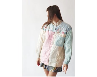 Vintage 90s Pastel Jacket - Patchwork Winter Coat Puffer M