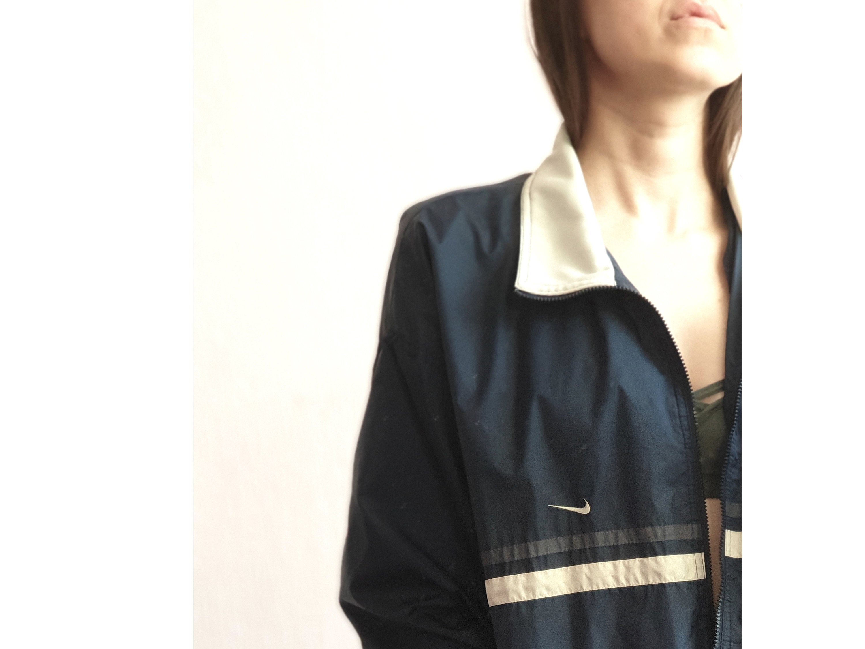 Image of Vintage Nike Navy Track Suit Jacket Dark Blue White Stripe Nike Brand Logo Lightweight Windbreaker Duster Bomber Sportswear Raincoat Size L