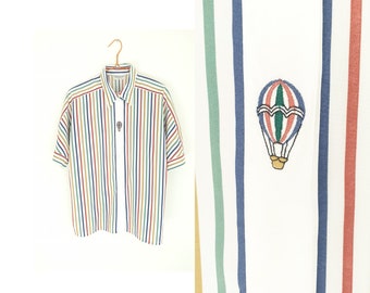 Made in W GERMANY 1980s vintage womens embroidered blouse, rainbow, striped shirt, air balloon, embroidery, vintage blouse, vintage clothing