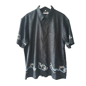 Camicia vintage con drago e fiamme - Top con bottoni Y2K Rave - XXL