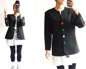 BRIGITTE BOTH vintage 80s wool blend blazer 90s women's colourful button jacket size M