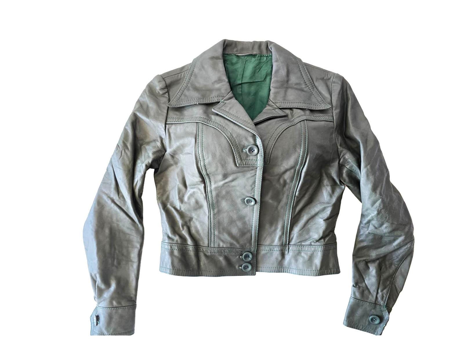 ジャケット・アウター 70s Leather Jacket Green Vintage 60s 70s Green Leather Jacket Fitted Waist Retro Button