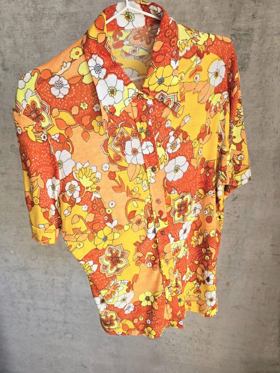 Vintage 1970s Floral Shirt Orange Mod Hippie Boho Festival Summer Button Up Blouse Top