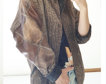 Vintage Brown Genuine Leather jacket - 90s Oversized patchwork coat Large