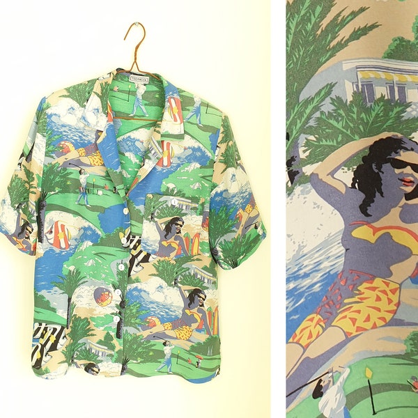 1980er Jahre Vintage Urlaubsbluse, Hawaii Hemd, 50er Jahre Stil, origineller Druck, kurze Ärmel, Urlaubs Top, Rockabilly, Vintage Kleidung