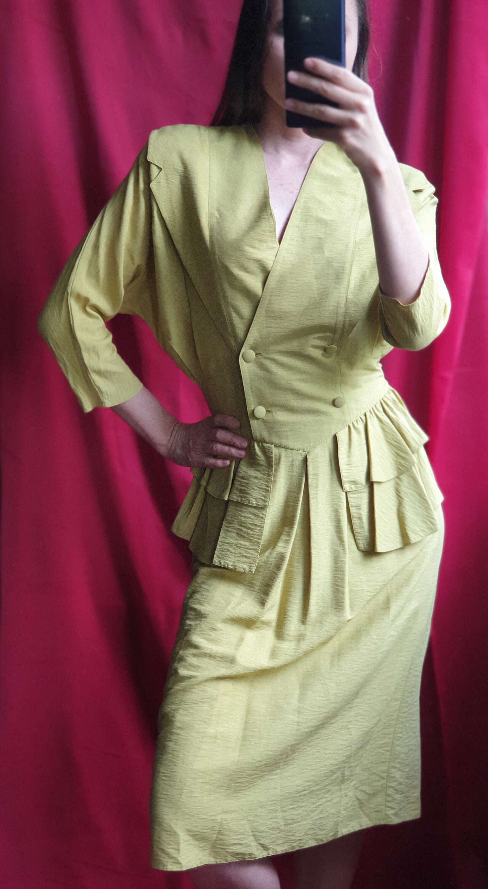 Image of Vintage Green Casual Dress, V-Neck S Midi Wrap Button Yellow Boho S Clothing Women, Fancy Size S/M