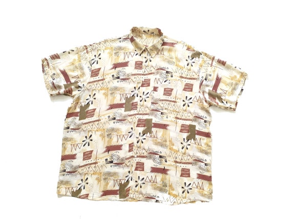80s Vintage Men's Abstract Print Shirt - Beige Summer Festival