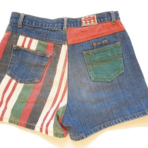Vintage 90s Color Block Striped & Blue Denim Mini Booty Shorts