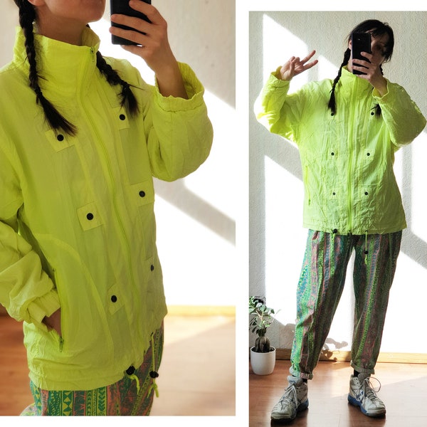 1970s - 1980s bright neon yellow green windbreaker, vintage puffer jacket, 70s, 80s new wave, 90s, streetwear, ski jacket, size M medium