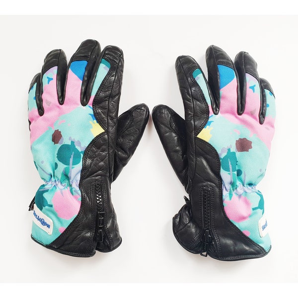 1980s ski gloves, original vintage 70s 80s 90s Y2K multicolor real leather winter mittens, snowboarding gloves