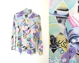 Vintage New wave blouse, 80s, 90s, abstract print, pastel pink, multicolor blouse, disco, roller, oversized, summer shirt