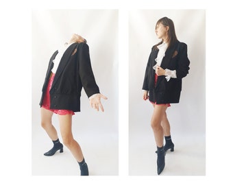 1970s unisex wool blazer, vintage 70s 80s autumn leaf motif retro minimalist wool jacket coat