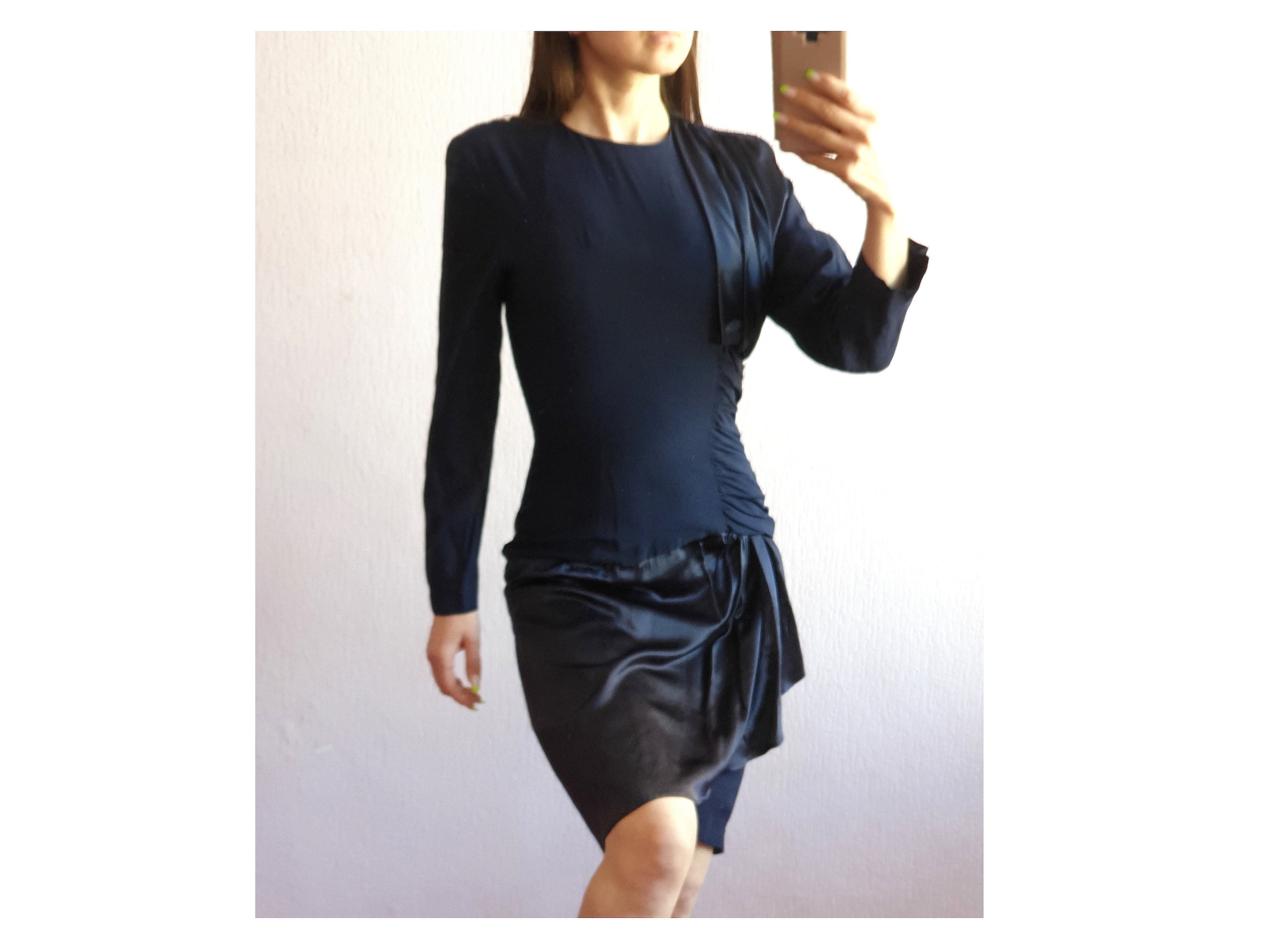 Image of Made in France Navy Long Sleeve Prom Dress Mini Midi Frills Dark Blue Formal Bridesmaid Bridesmaids S Clothing Women S Vintage Size S