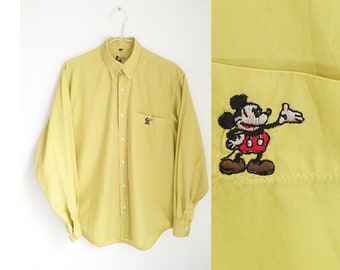 Vintage Mickey Mouse shirt men, 1990s, 1980s, Disney, retro, Pop art, office, casual, plain, embroidered, button down shirt