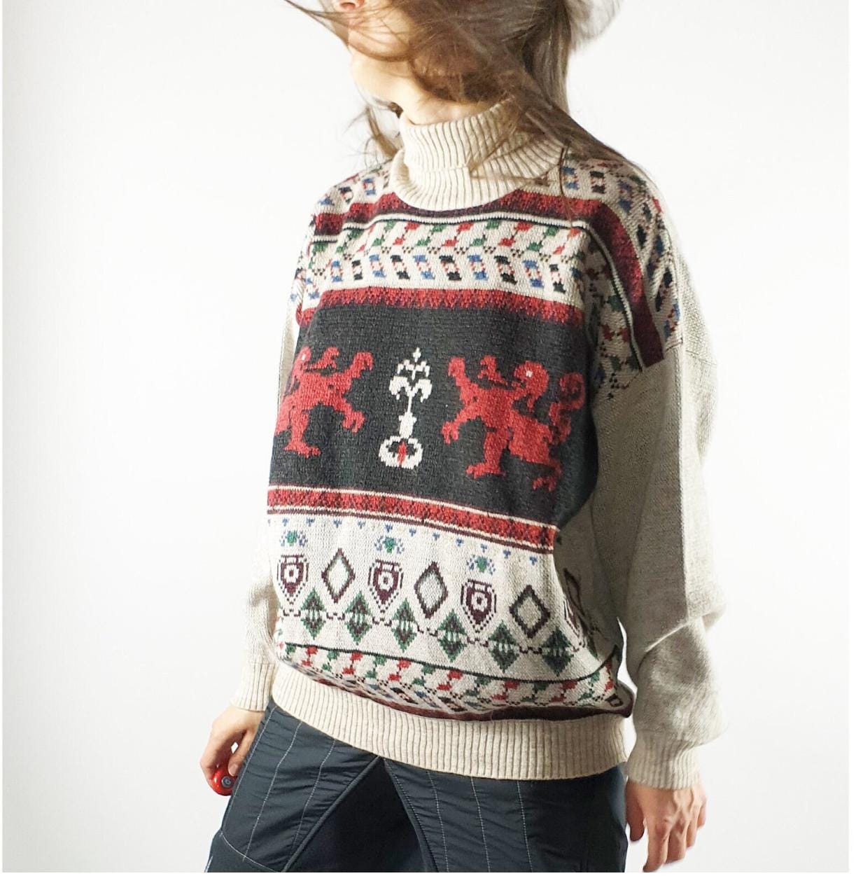 Italian Vintage 80s Geometric Pullover Turtleneck Knit