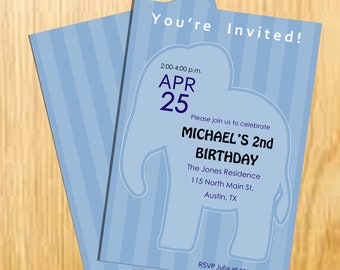Baby Elephant Birthday Invitation, Blue Birthday Card, Elephant Party - Digital File