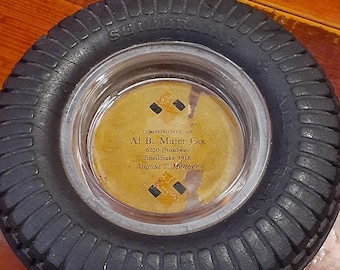 Ashtray vintage seiberling GLASS TIRE, Cenicero publicitario para Al B. Maier Co. 6250 Broadway Shelldrake August T. Mettger, mediados de siglo