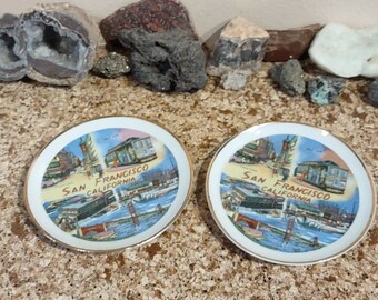 SET Of Two Vintage San Francisco SOUVENIR Collector's PLATES Saucers Fisherman's Wharf Cable Cars Cliff House China Town Golden Gate Bridge