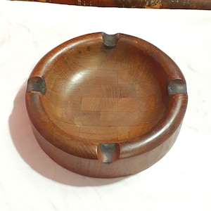 HANDMADE Vintage Mid Century Modern Art Decco Rustic Atapco Large Round TEAK Cigar ASHTRAY,Wooden Ashtray,Siamese Teak Handcrafted Hong Kong
