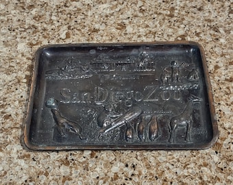 Vintage Souvenir Memorabilia 40&#39;s Era SAN DIEGO ZOO Brass Metal Trinket Jewelry Ring Dish Tray Platter Bathroom Guestroom California Decor