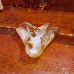 Vintage MURANO Art GLASS Folded Ashtray Candy Ring Catchall DISH,Italian Art Glass Dish Decor,Yellow And White Murano Glass Dish,Cigar Rest