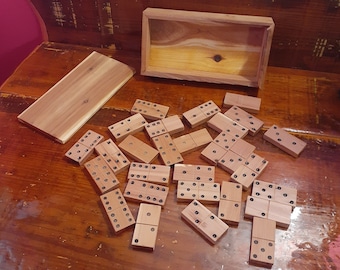 Vintage Wooden Handmade Hand Carved DOUBLE SIX DOMINOES In Box,Vintage Mexican Train Cyprus Maltese Cross All Fives Concentration Tile Games