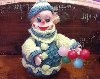 Vintage Handmade CROCHETED Adorable Happy CLOWN DOLL,Whimsical Knitted Clown,Baby Shower Gift,Nursery Room Decor,Childs Room Clown Decor