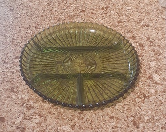 Vintage INDIANA Glass Round Seperated RELISH Serving Tray, Avocado Green Pickle DISH, Mid Century Modern Rolling Tray, Vintage Rolling Tray