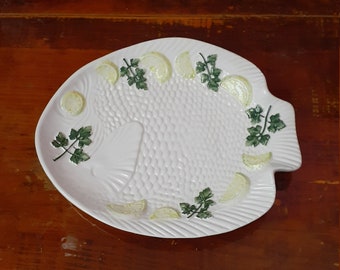 Italia 2277/23X20 Pescado de cerámica artesanal SERVING PLATTER, Bandeja de servicio de pescado, Plato coleccionable vintage, Decoración del hogar de la playa de la cocina, Bassona Italia