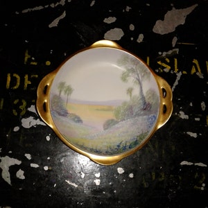 Small Hand Painted Antique PICKARD TRINKET DISH, signed, Rs Tillowitz Porcelain Handled Plate,  1910&#39;s Landscape Scenic Vellum, Gilded Rim