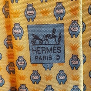 Vintage HERMES Blue HIPPO NECKTIE on Yellow Background 100% | Etsy