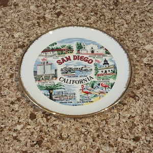 Vintage Collectable PLATE Dish of SAN DIEGO California Featuring The Zoo Old Spanish Lighthouse Mission San Diego De Alcala