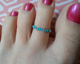 Gorgeous Blue Glass Seed & Silver Tone Bead Stretch Toe Ring Summer Beach Holiday