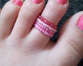 Set Of 4 Pretty "Berry Delights" Glass Seed Bead Stretch Toe Rings Summer Beach Holidays Boho