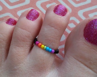 Gorgeous Bright Rainbow Glass Seed Bead Stretch Toe Ring Summer Holidays Hippy Boho Festivals LGBTQ Pride