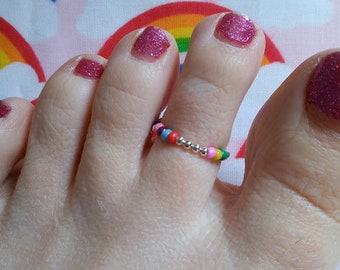 Cute Mixed Glass Seed & Silver Tone Bead Stretch Toe Ring Holiday Summer