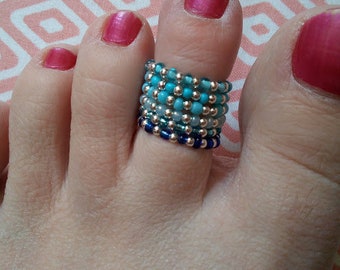 Pretty Something Blue Collection Glass Seed & Silver Tone Bead Stretch Toe Rings Summer Beach Holiday Weddings