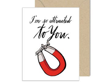 Magnet Love, Blank Greeting Card, I'm Attracted to You, Send Direct, Valentines, Love, Pun, Calligraphy, Chrizels Artistry,