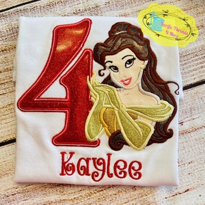 Personalized Belle Birthday Shirt/ Embroidered Beauty and the Beast Shirt/ Princess Birthday Outfit for Girls – Custom Princess Shirt
