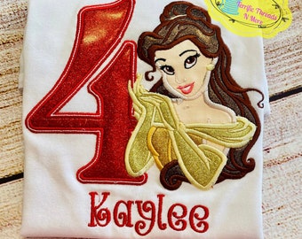 Personalized Belle Birthday Shirt/ Embroidered Beauty and the Beast Shirt/ Princess Birthday Outfit for Girls – Custom Princess Shirt