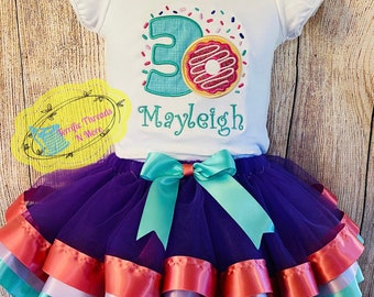 Donut Birthday Ribbon Tutu Outfit, Donut Birthday Tutu Set, Birthday Glitter Donut TuTu Set,  Girl Donut Theme Birthday Ribbon Tutu Set