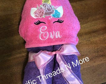 Customized Unicorn Hooded Towel, Unicorn Face Hooded Towel, Unicorn Hooded Bath Towel, Unicorn Floral Hooded Towel