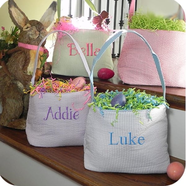 Personalized Easter Basket, Seersucker Personalized Easter Basket, Easter Basket, Embroidered Easter Basket, Monogrammed Easter Basket