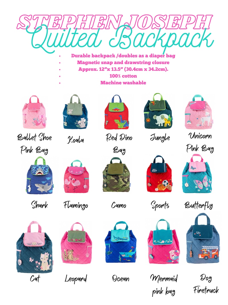 Puede incluir: Una colecci&oacute;n de 12 mochilas acolchadas para ni&ntilde;os, cada una con un animal o tema diferente. Las mochilas miden aproximadamente 30,4 cm por 34,2 cm y est&aacute;n hechas de 100% algod&oacute;n. Son lavables a m&aacute;quina y tienen un cierre magn&eacute;tico de presi&oacute;n y un cord&oacute;n de ajuste.