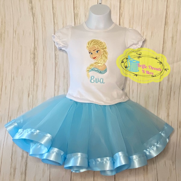 Embroidered Frozen Elsa Ice Queen Ribbon Tutu Outfit, Elsa Girl Tutu Set, Ice Queen Elsa TutTu Set, Frozen Inspired Ribbon Tutu Set