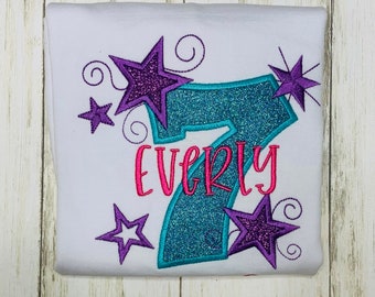 Seventh Birthday Shirt, Birthday Shirt For Girls, Glitter Number Birthday Shirt, Personalized Glitter Number Birthday Shirt