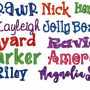 Puede incluir: Una imagen colorida con varios nombres escritos en una fuente estilizada y juguetona. Los nombres incluyen: Rawr, Nick, Henry, Kayleigh, Jelly Bean, Barnyard, Marker, Ravie, Amorette, Riley, Magnolia Sky.