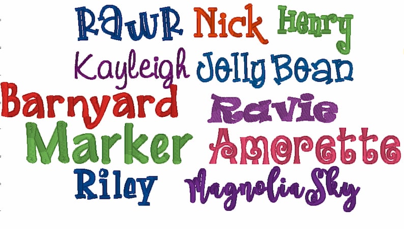 Puede incluir: Una imagen colorida con varios nombres escritos en una fuente estilizada y juguetona. Los nombres incluyen: Rawr, Nick, Henry, Kayleigh, Jelly Bean, Barnyard, Marker, Ravie, Amorette, Riley, Magnolia Sky.