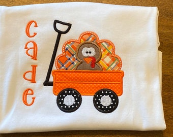 Embroidered Personalized Thanksgiving Turkey in wagon shirt/Thanksgiving boy Shirt